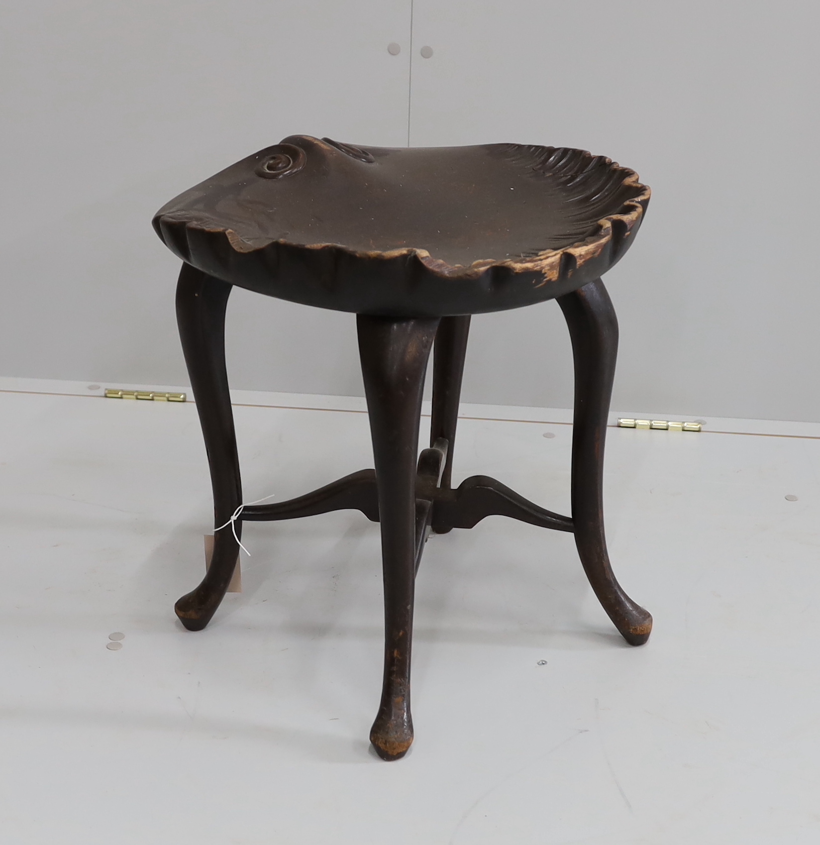 A Victorian style harpist's stool with scalloped shell seat, width 46cm, height 44cm